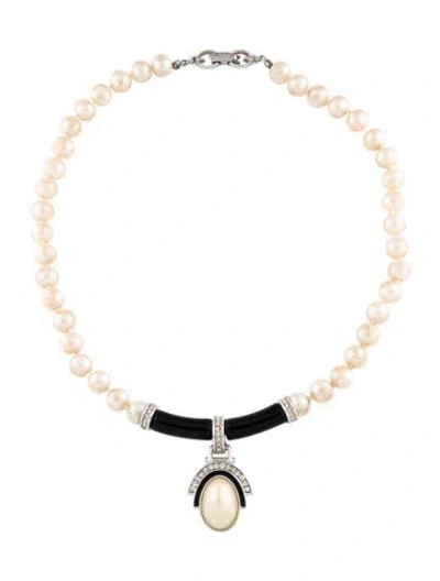 Pre-owned Givenchy Vintage Onyx Art Deco Faux Pearl Pendant Necklace, 15", 15" In Black