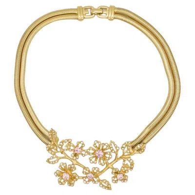 Pre-owned Givenchy Vintage Pink Rose Cluster Crystals Flower Double Layers Snake Necklace In Red