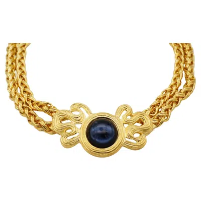 Pre-owned Givenchy Vintage Rare Gold Blue Lapis Bow Braided Rope Statement Necklace
