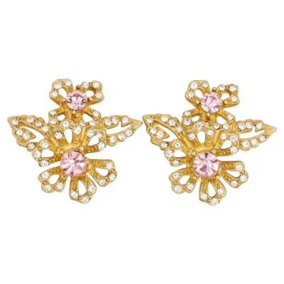 Pre-owned Givenchy Vintage Rare Gold Rose Pink Crystals Flower Openwork Elegant Earrings In Red