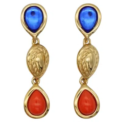 Pre-owned Givenchy Vintage Rare Gold Sapphire Coral Crystals Cabochon Long Drop Earrings In Red