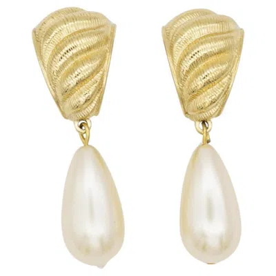 Pre-owned Givenchy Vintage Rare Gold White Pearl Tear Water Drop Hoop Drop Clip Earrings