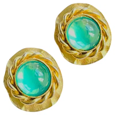 Pre-owned Givenchy Vintage Rare Gripoix Emerald Green Crystals Wave Rope Gold Earrings