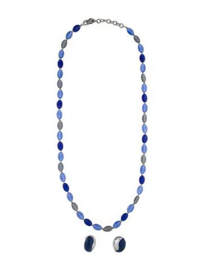 Pre-owned Givenchy Vintage Resin & Bead Necklace & Clip-on Earring Set, 33" In Blue