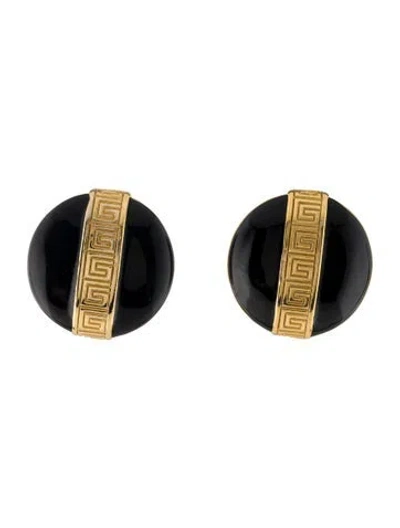 Pre-owned Givenchy Vintage Round Enamel Logo Clip-on Earrings In Black