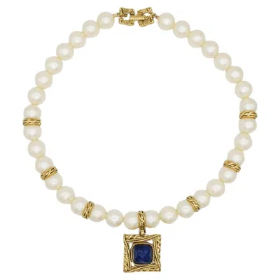Pre-owned Givenchy Vintage Sapphire Pearls Baroque Square Pendant Large White Necklace