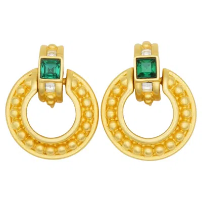 Pre-owned Givenchy Vintage Square Crystals Emerald Circle Dots Door Knocker Drop Earrings In Green