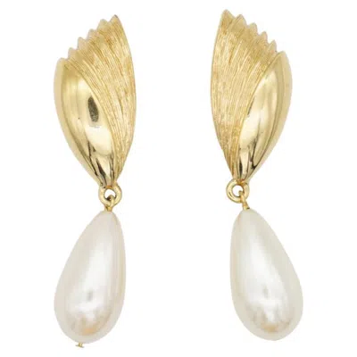 Pre-owned Givenchy Vintage Textured Tear Water Drop White Pearl Fan Elegant Clip Earrings
