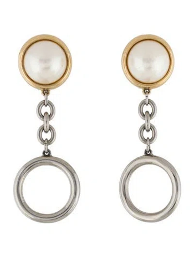 Pre-owned Givenchy Vintage Two-tone Faux Pearl Chain Drop Earrings In White