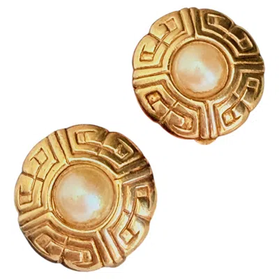 Pre-owned Givenchy Vintage Unisex Gold Rare Large Round White Pearl Relief 4g Earrings
