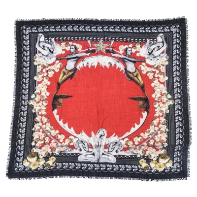 Pre-owned Givenchy Vintage Wool Mermaid Square Scarf With Fringe Black, Red White