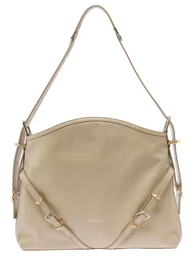 GIVENCHY 'VOYOU' BEIGE SHOULDER BAG WITH EMBOSSED LOGO IN SMOOTH LEATHER WOMAN