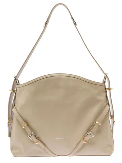 Givenchy Voyou' Beige Shoulder Bag With Embossed Logo In Smooth Leather In Neutrals