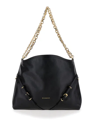 Givenchy Voyou Chain Medium Black Shoulder Bag With Logo Detail In Hammered Leather Woman