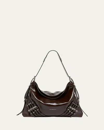 Givenchy Voyou Medium Buckle Shoulder Bag In Shiny Leather In Ebony Brown