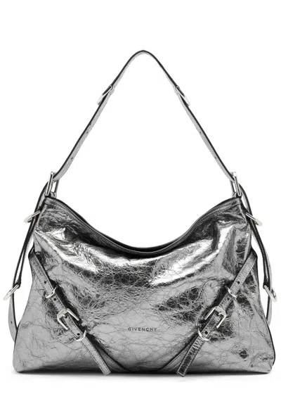 Givenchy Voyou Medium Metallic Leather Shoulder Bag In Grey