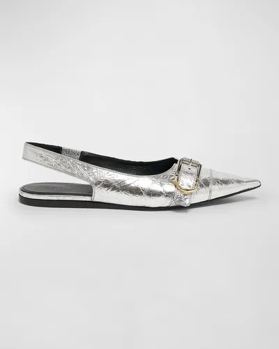 Givenchy Voyou Metallic Buckle Slingback Ballerina Flats In 040-silvery