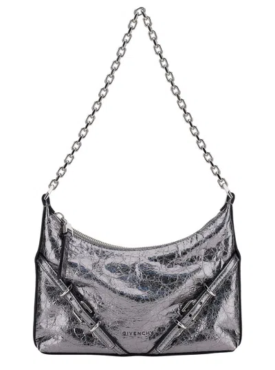 Givenchy 'voyou Party' Mini Silver Shoulder Bag With Engraved Logo In Laminated Leather Woman In Grey
