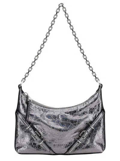 GIVENCHY GIVENCHY WOMEN 'VOYOU PARTY' MINI SILVER SHOULDER BAG WITH ENGRAVED LOGO IN LAMINATED LEATHER WOMAN