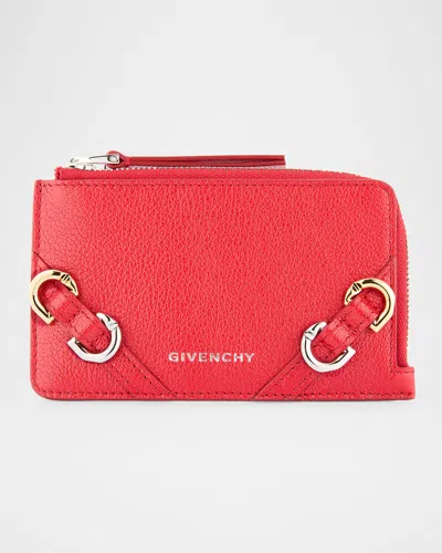Givenchy Voyou Zip Card Holder In Tumbled Leather In Vermillon