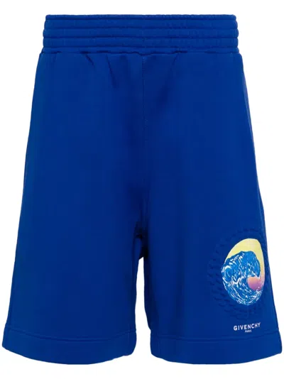 Givenchy Wave-print Cotton Track Shorts In Blue