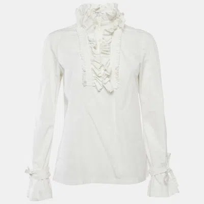 Pre-owned Givenchy White Cotton Poplin Buttoned Ruffled Neck Blouse M