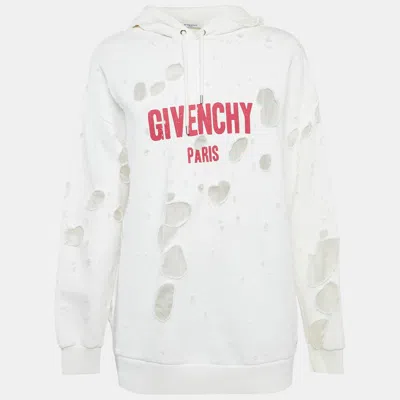Pre-owned Givenchy White Logo Print Distressed Oversize Hoodie Xs