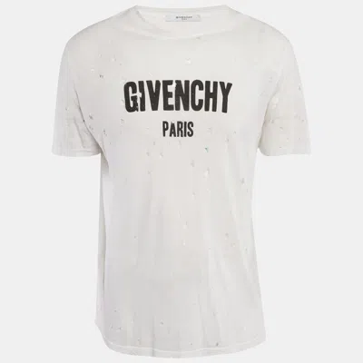 Pre-owned Givenchy White Logo Printed Cotton Distressed T-shirt S