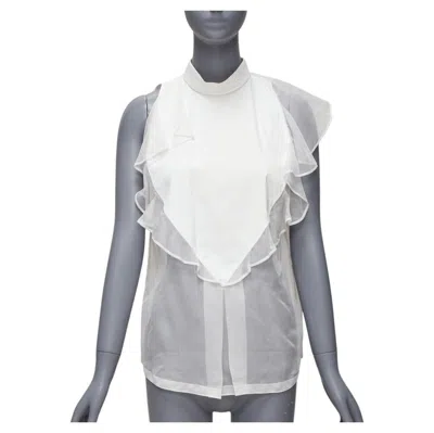 Pre-owned Givenchy White Silky Sheer Ruffles Front Hi Neck Collar Sleeveless Shirt