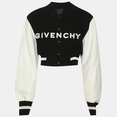 Pre-owned Givenchy White/black Wool Blend And Leather Cropped Varsity Jacket S