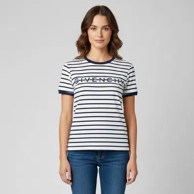 Pre-owned Givenchy White/blue Striped Embroidered Logo Cotton Ringer T-shirt S