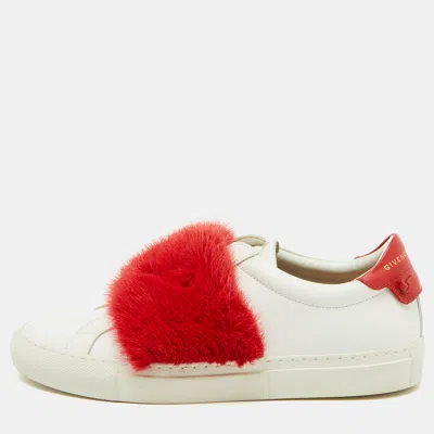 Pre-owned Givenchy White/red Leather And Mink Fur Urban Street Slip On Sneakers Size 38