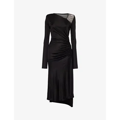 Givenchy Womens Black Asymmetric-neck Ruched Woven Midi Dress