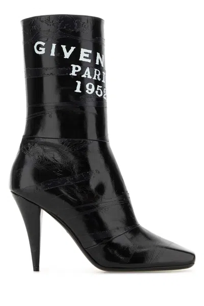 GIVENCHY GIVENCHY WOMEN BLACK LEATHER SLICED SQUARE GIVENCHY TAPE ANKLE BOOTS