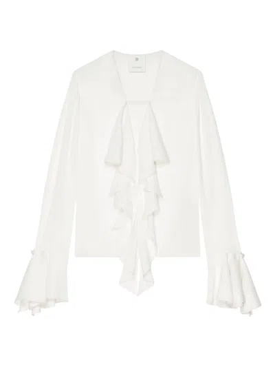 Givenchy Womens White V-neck Ruffle-trim Silk Blouse