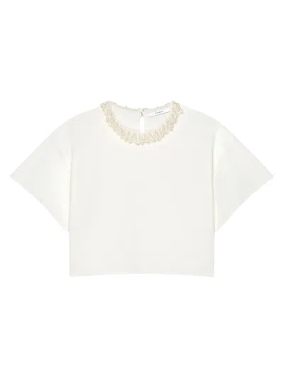 Givenchy Women's Cropped Top In Knit With Embroidered Pearl Collar In White