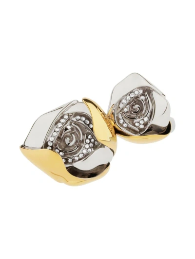 Givenchy Women's Flower Double Fingers Ring In Metal With Crystals In Golden Silvery