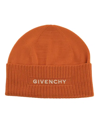 Pre-owned Givenchy Women's  Ribbed Embroidered Logo Beanie In Ivory Orange