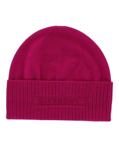 Pre-owned Givenchy Women's  Ribbed Embroidered Logo Beanie In Peony In Pink