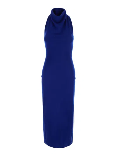 Givenchy Women's Long Wool Dress With Front Draping And Deep Neckline In Blue