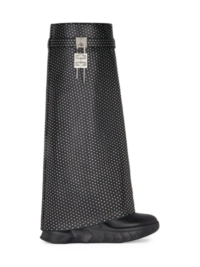 Givenchy Shark Lock Biker Boots In Grained Leather With Studs In Black