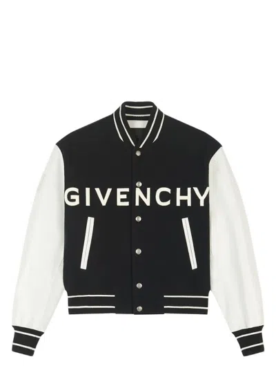 GIVENCHY WOMEN'S TWO-TONE WOOL BLEND AND LEATHER BOMBER JACKET | SIZE FR 50 | BM00QR611V COLOR 004