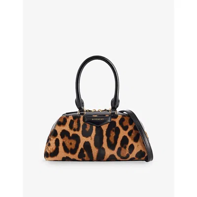 Givenchy Womens Black Beige Antigona East-west Mini Leopard-print Calf-hair Handbag In Brown