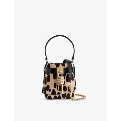 Givenchy Womens  Micro Shark Lock Leopard-print Pony-effect Leather Bucket Bag In Black/beige