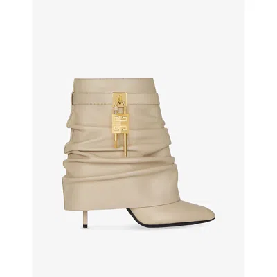 Givenchy Womens Shark Lock Stiletto Srunched Low Leather Heeled Ankle Boots Beige Eur 38/5 Uk