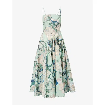 Givenchy Womens Mint Green Floral-print A-line Cotton Midi Dress