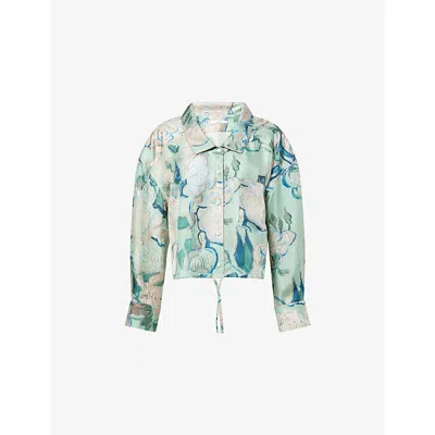 Givenchy Womens Mint Green Graphic-print Cropped Silk Shirt In Multi