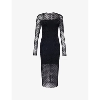 Givenchy Womens Monogram-print Round-neck Stretch-woven Midi Dress Black Silvery