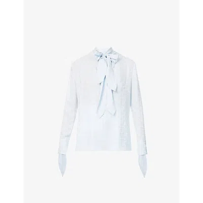 Givenchy Womens Pale Blue Brand-monogram Long-sleeve Silk Blouse