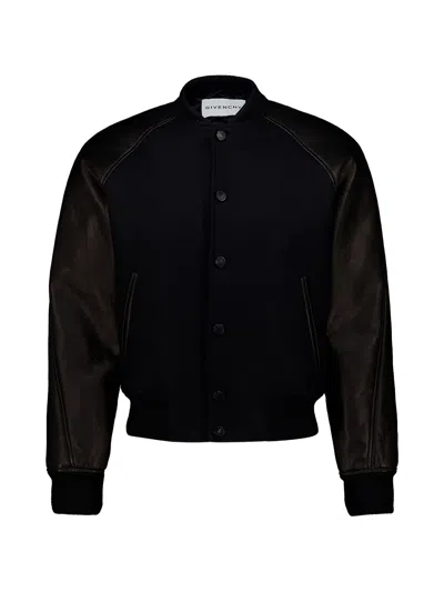 Givenchy Wool And Leather Bomber With Logo Patch In Black